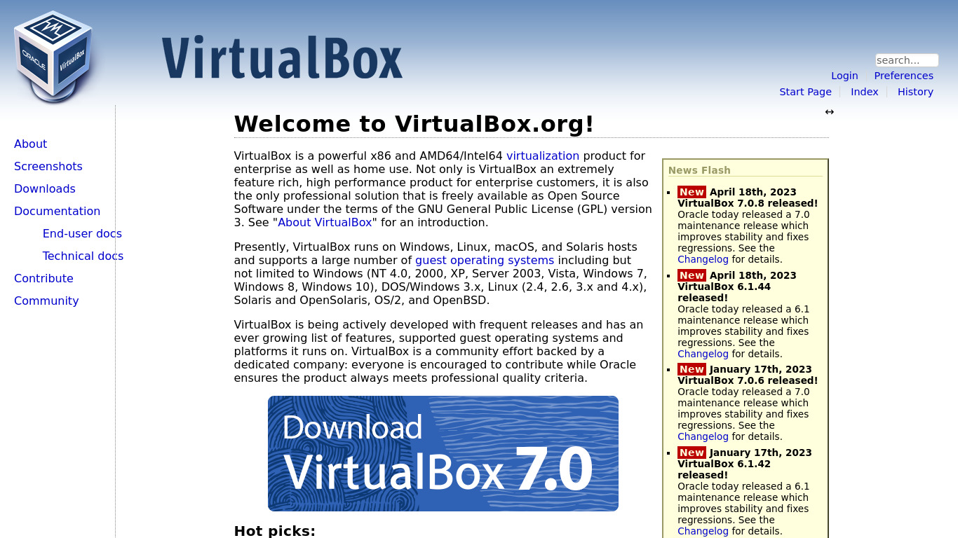 VirtualBox Landing page