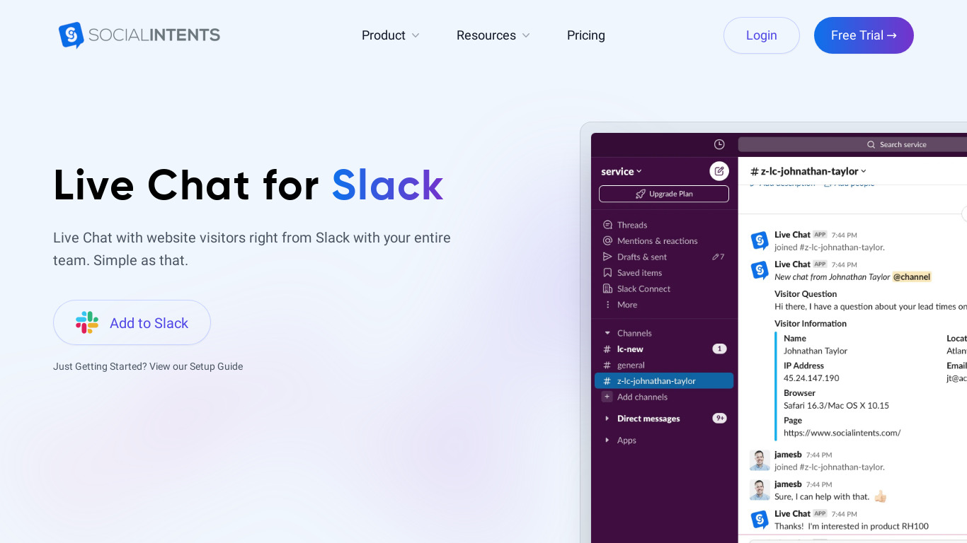 Live Chat for Slack Landing page