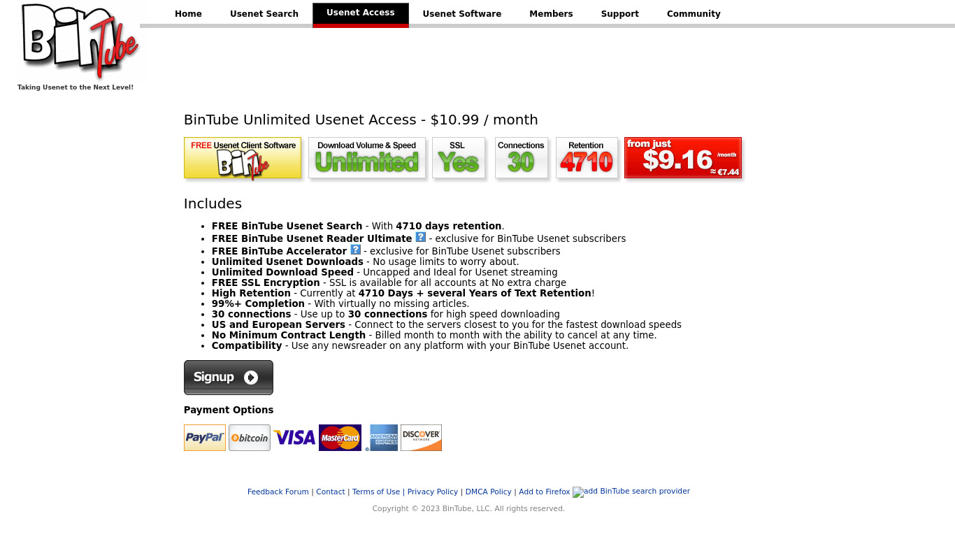 BinTube Usenet Access Landing page