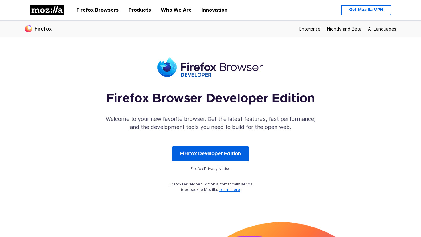 Firefox Developer Edition Landing page
