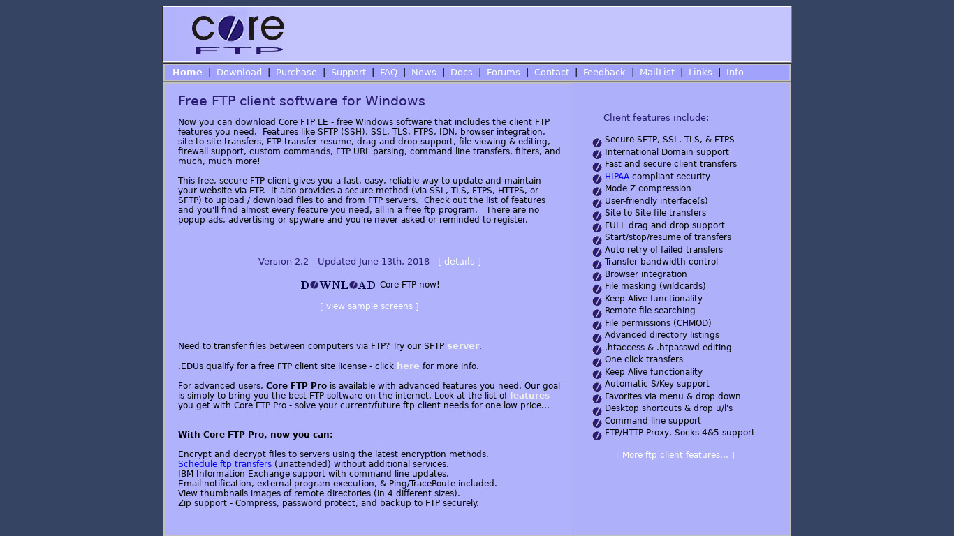 Core FTP Landing page
