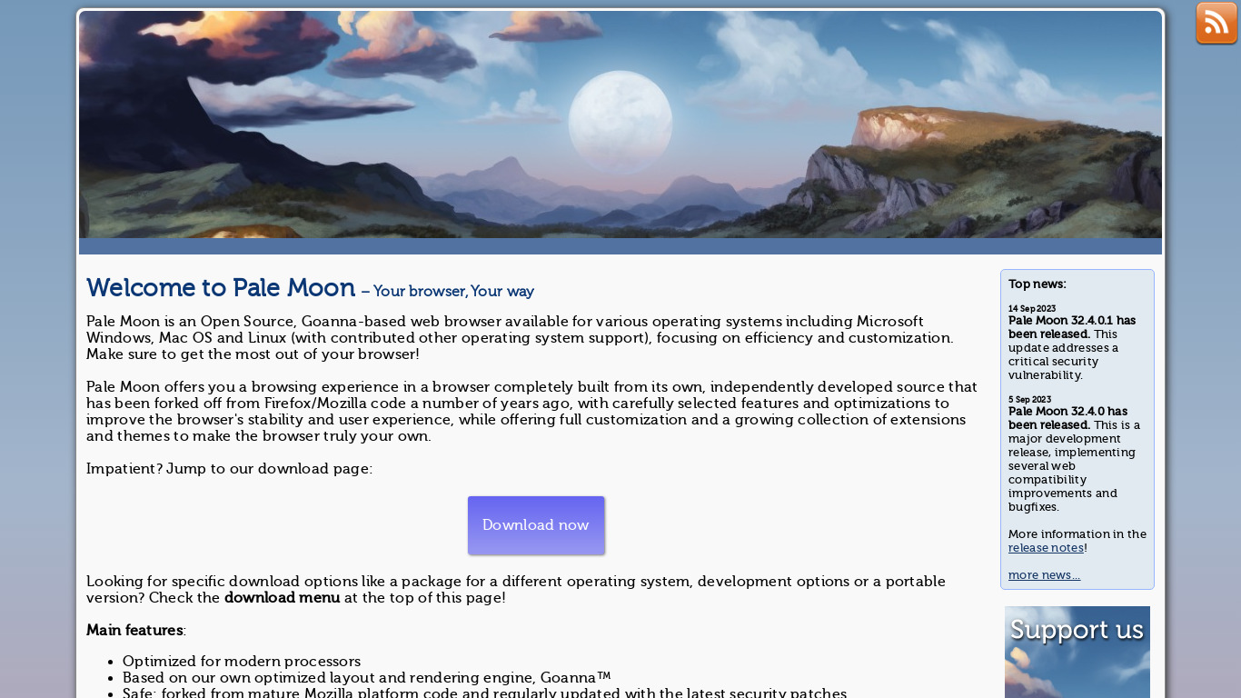Pale Moon Landing page