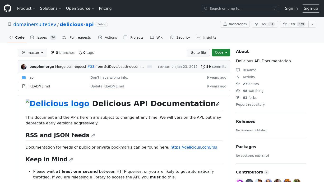Delicious API Landing page