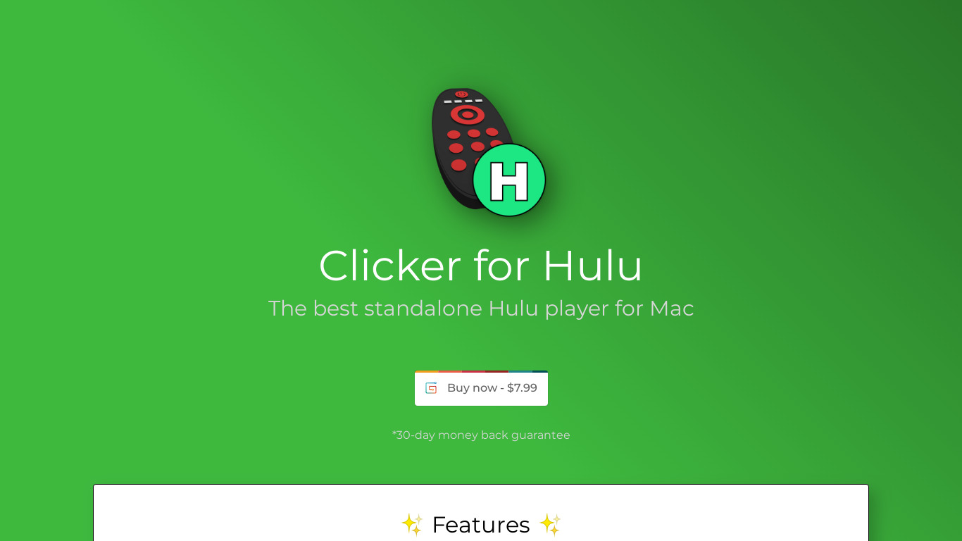 Clicker for Hulu Landing page