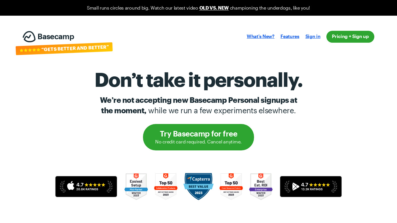 Basecamp Personal Landing page