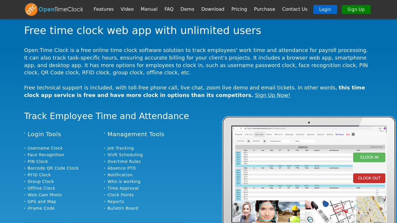 Open Time Clock Landing page