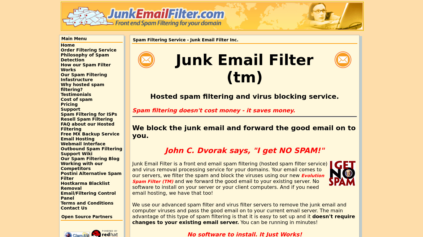 Junk Email Filter Landing page