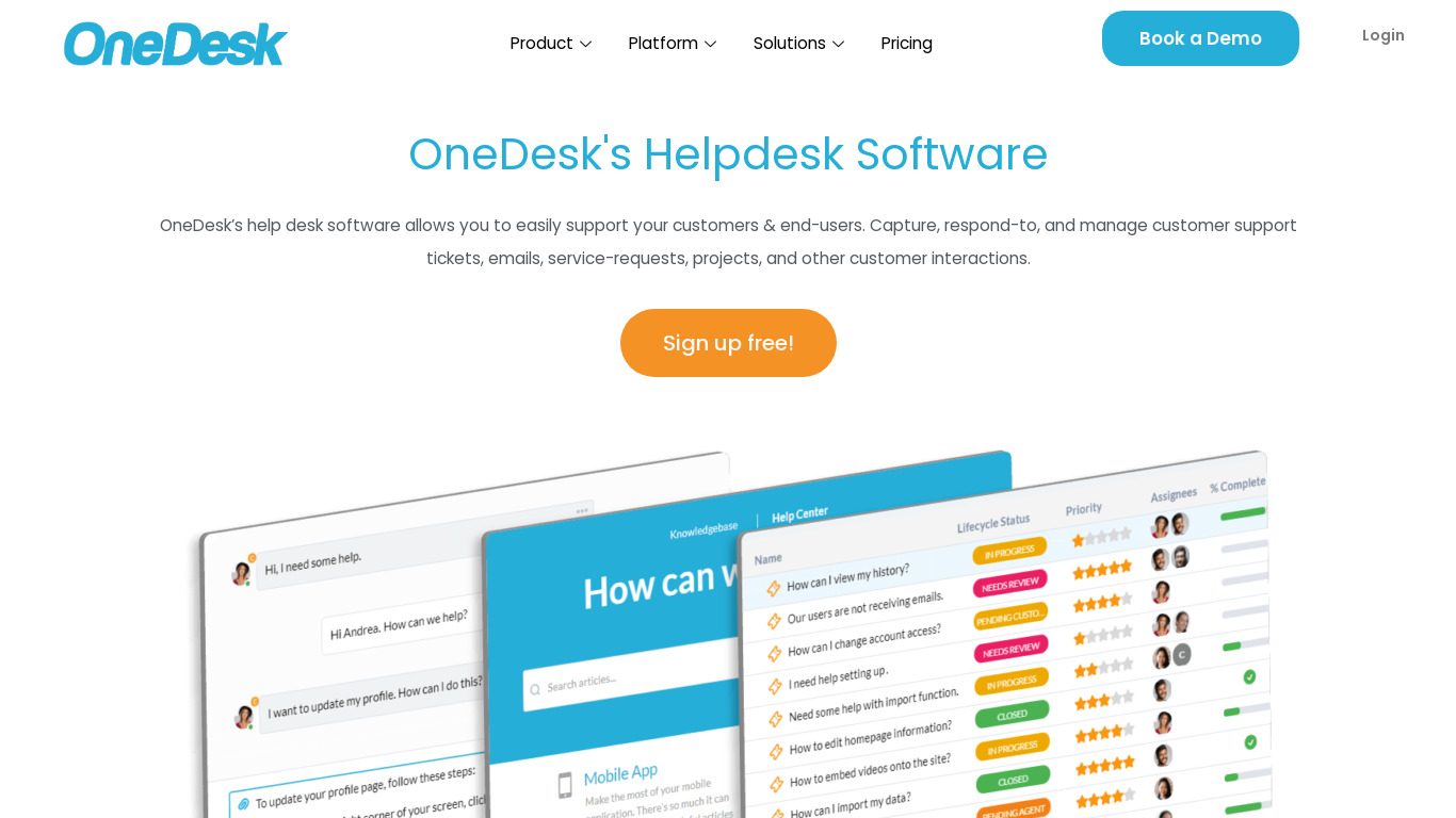 OneDesk for Customer Service Landing page