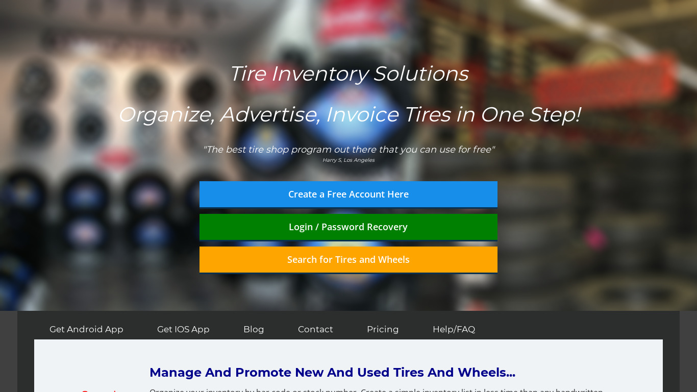 Tire Inventory Solutions Landing page