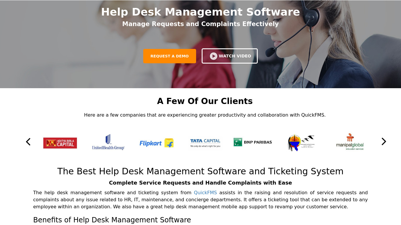 QuickFMS Help Desk Software Landing page