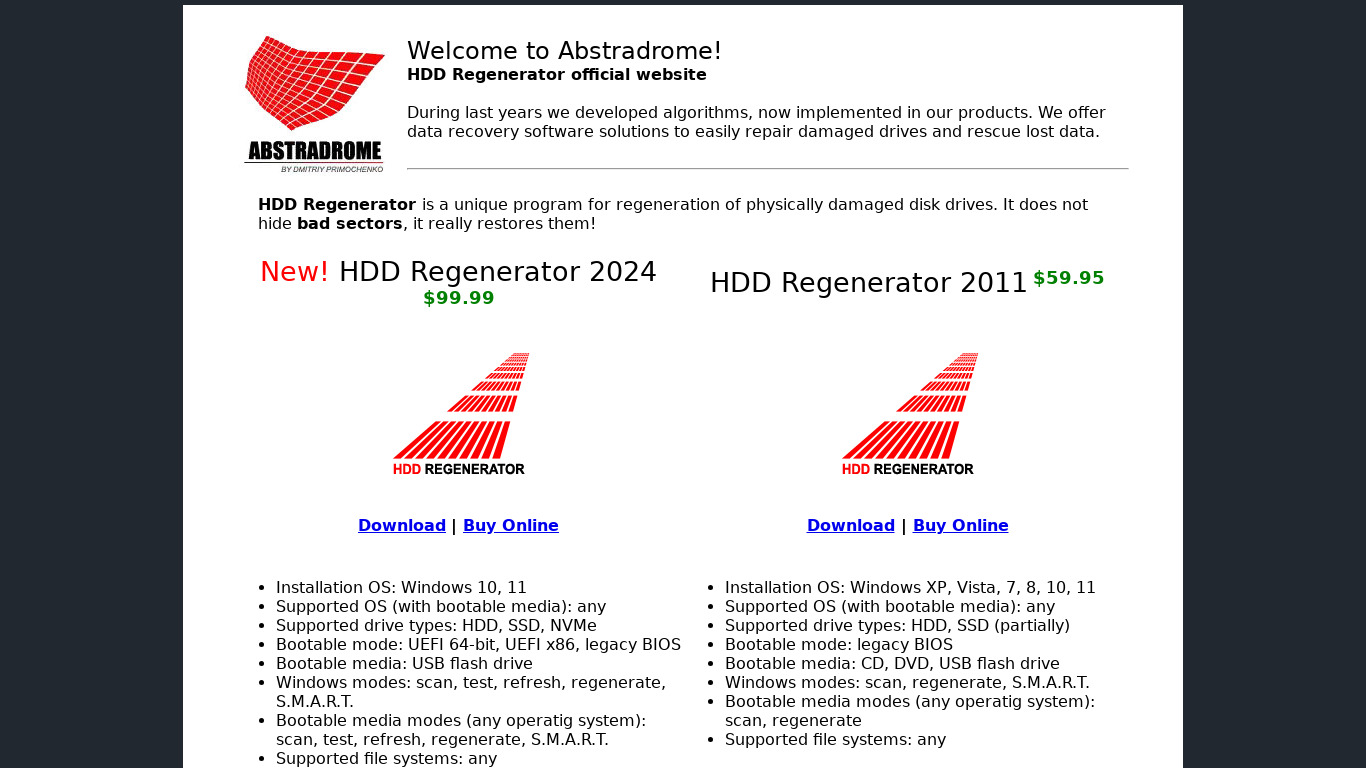 HDD Regenerator Landing page