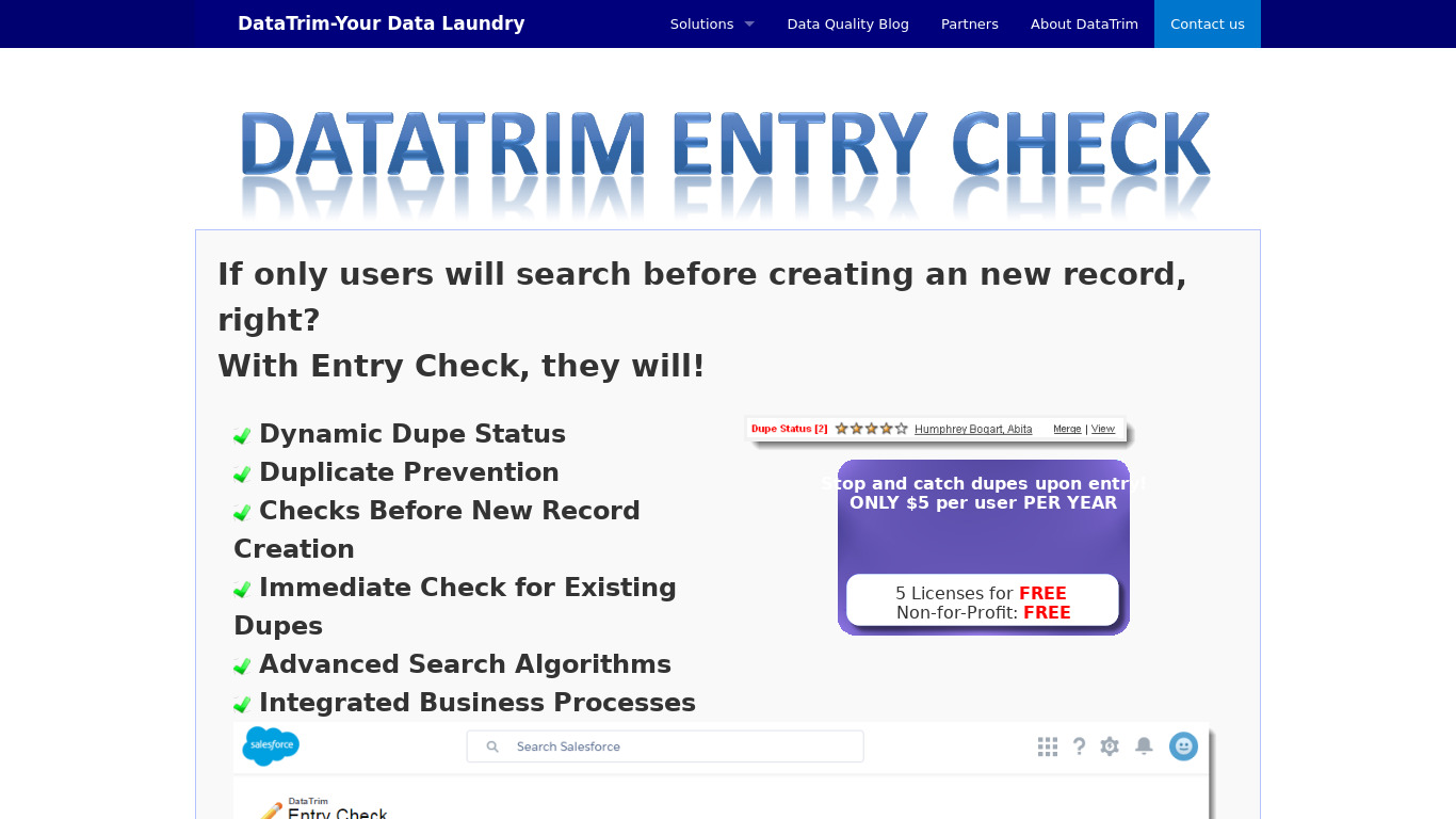 Datatrim Entry Check Landing page