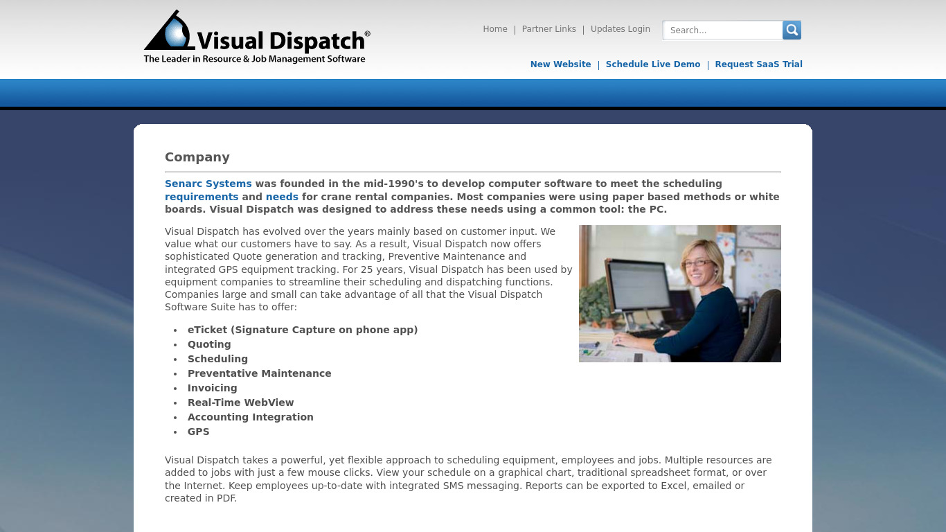 Senarc Visual Dispatch Landing page