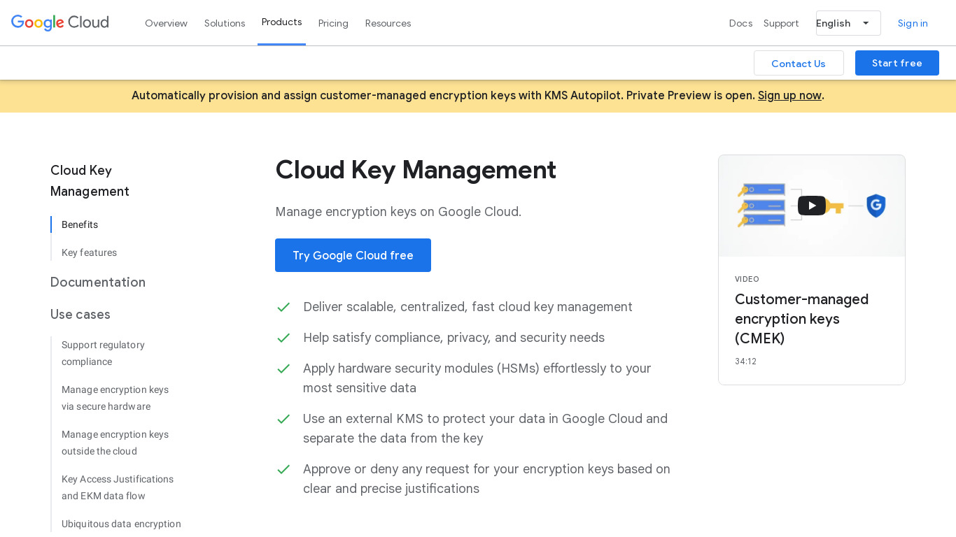 Cloud Key Management Service Landing page