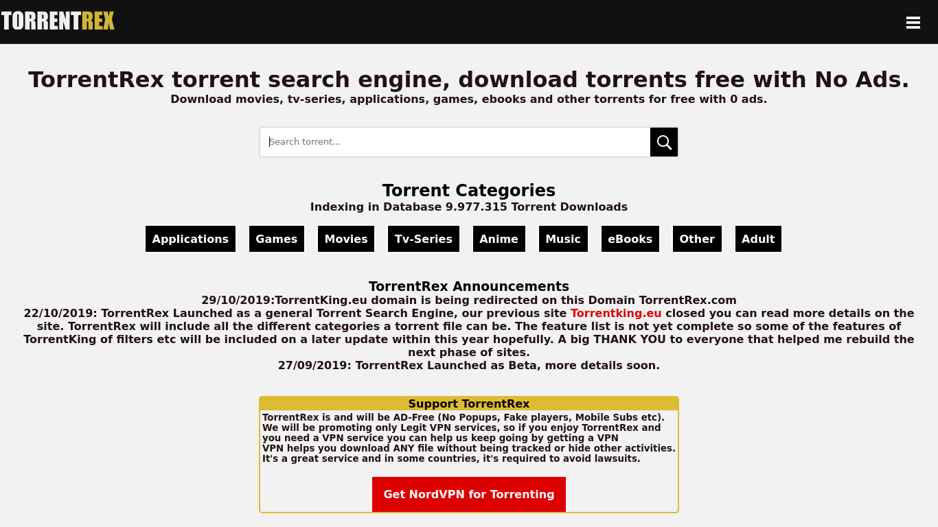 TorrentRex Landing page