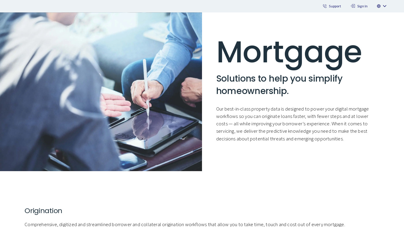 Mortgage Origination Solutions Landing page