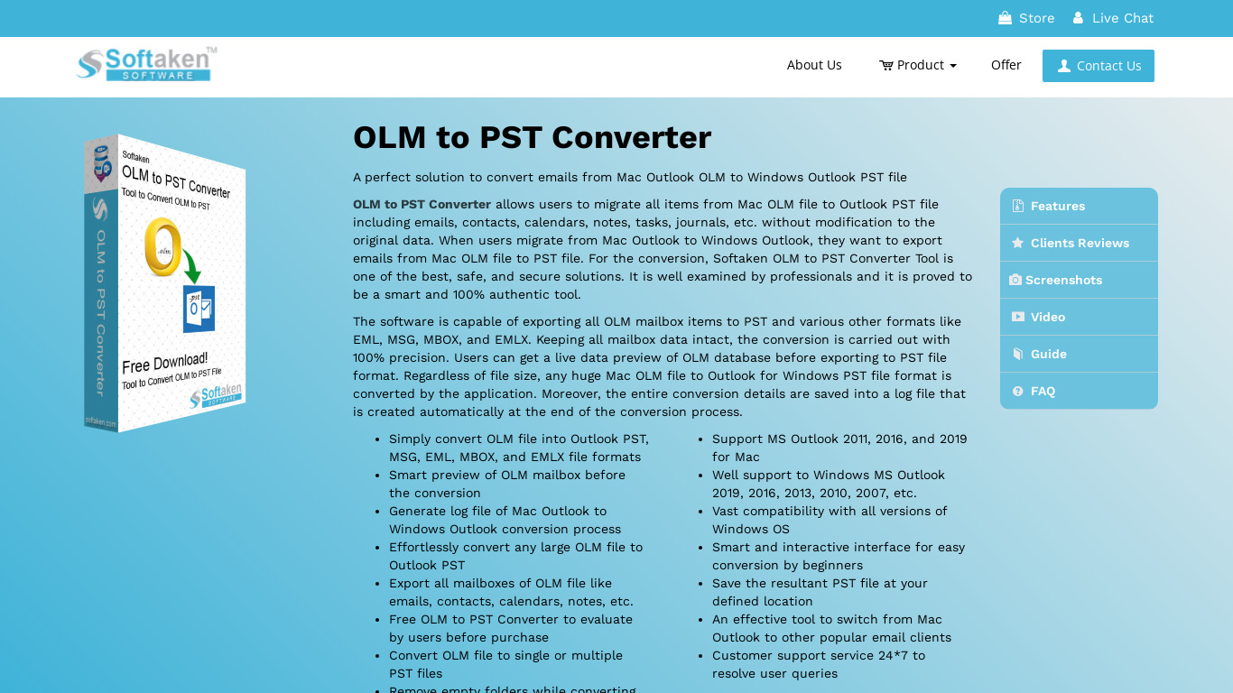Softaken OLM to PST Converter Landing page