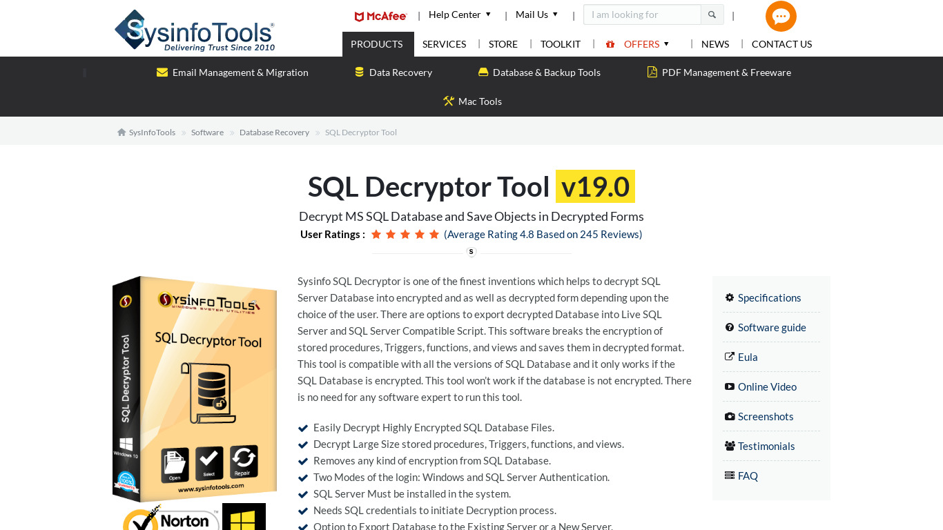 SysInfoTools SQL Decryptor Tool Landing page