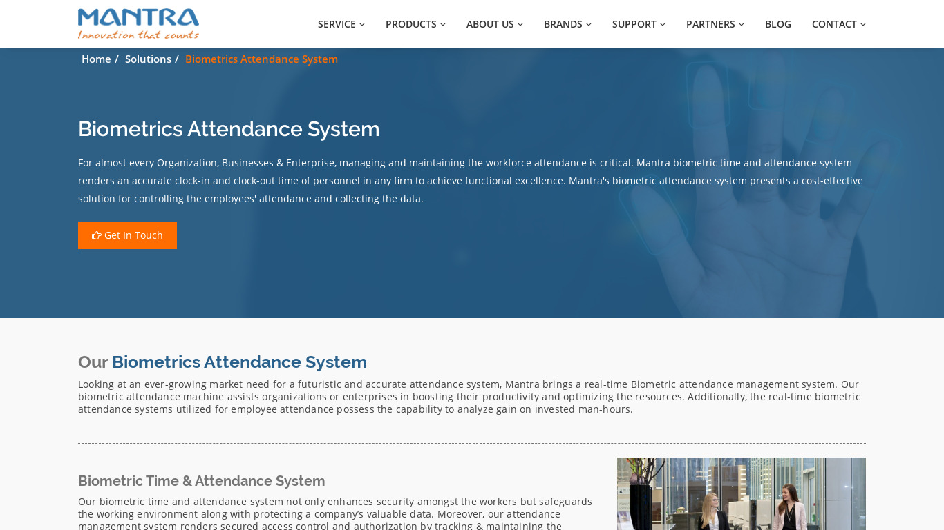 Biometric Attendance System by Mantra Landing page
