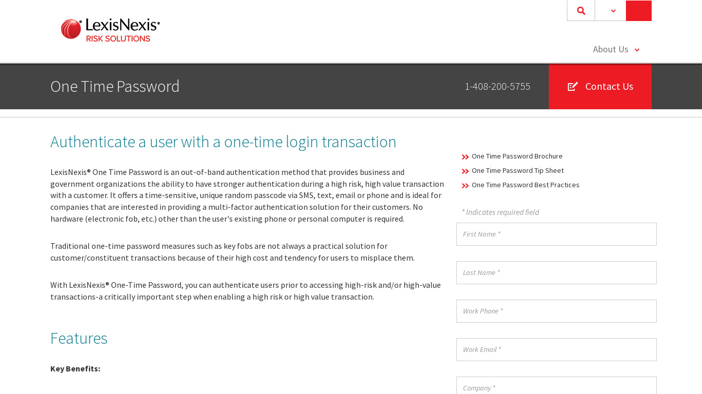 LexisNexis One Time Password Landing page