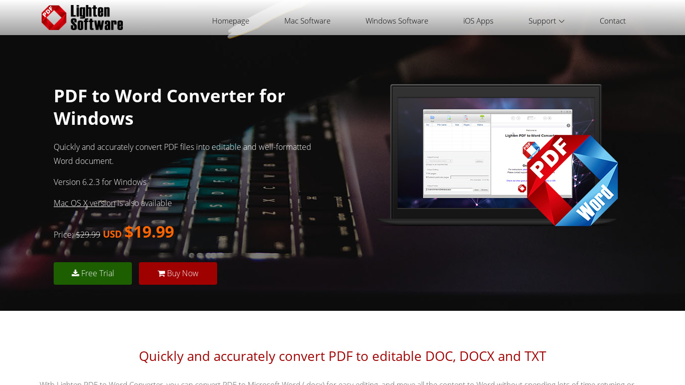 Lighten PDF to Word Converter Landing page