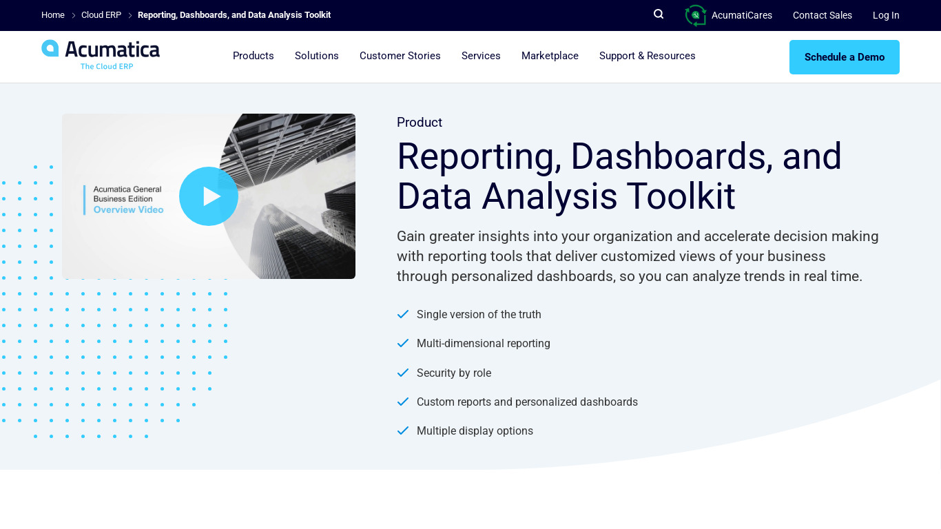 Acumatica Reporting and Dashboards Landing page