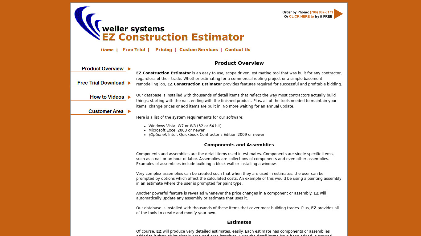 EZ Construction Estimator Landing page