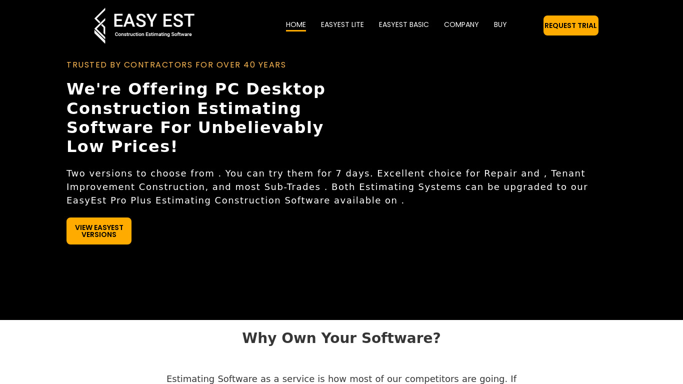EasyEst Estimating Software Landing page