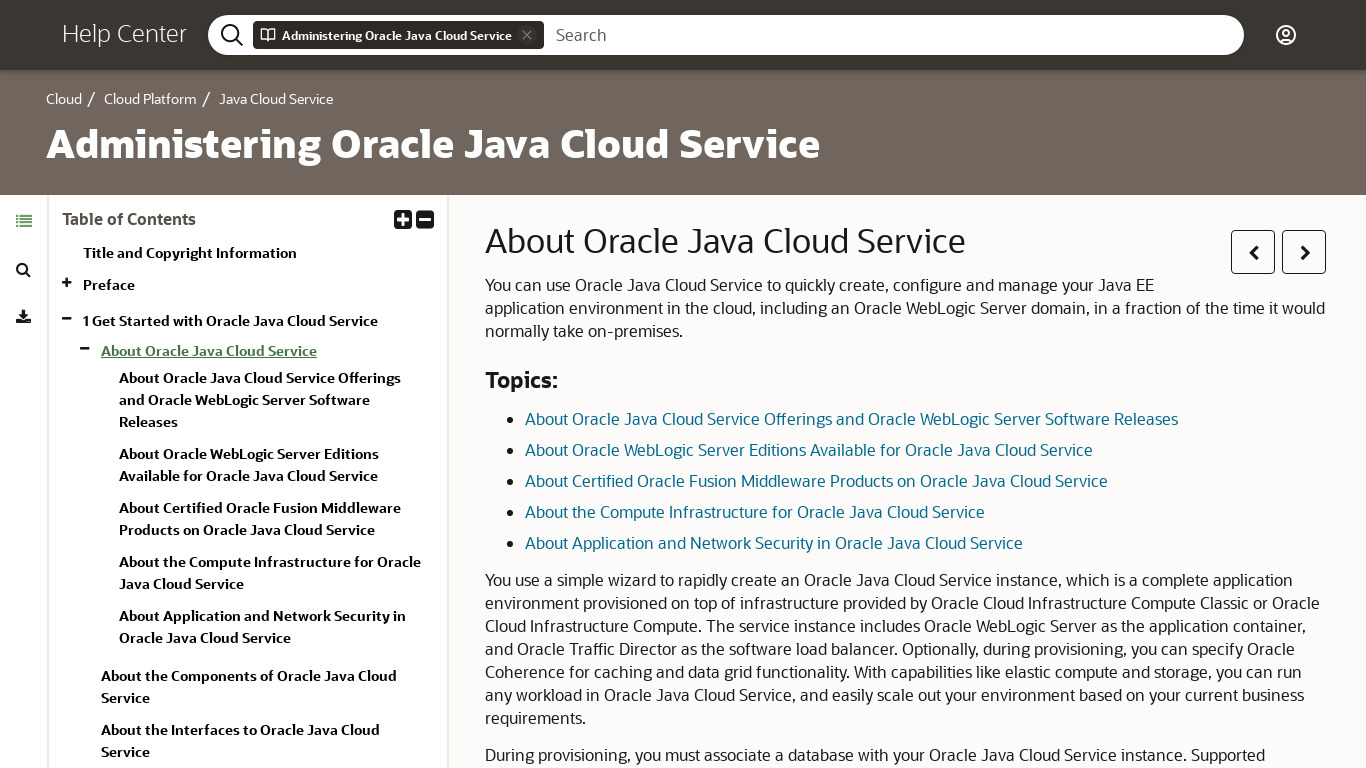 Oracle Java Cloud Service Landing page