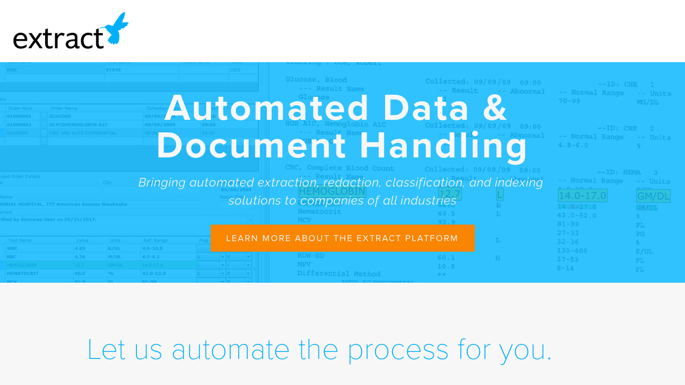 The Extract Systems Platform Landing page