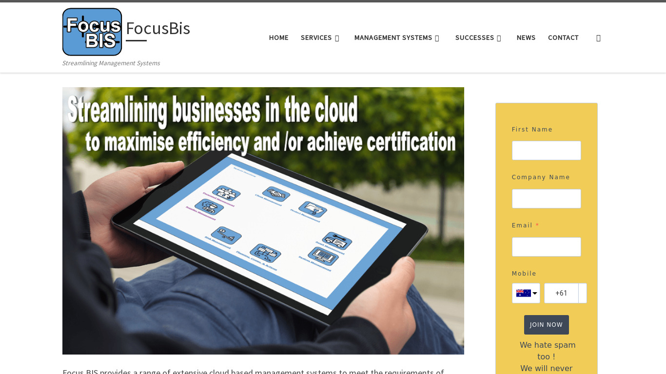 FocusBIS Quality Management System Landing page