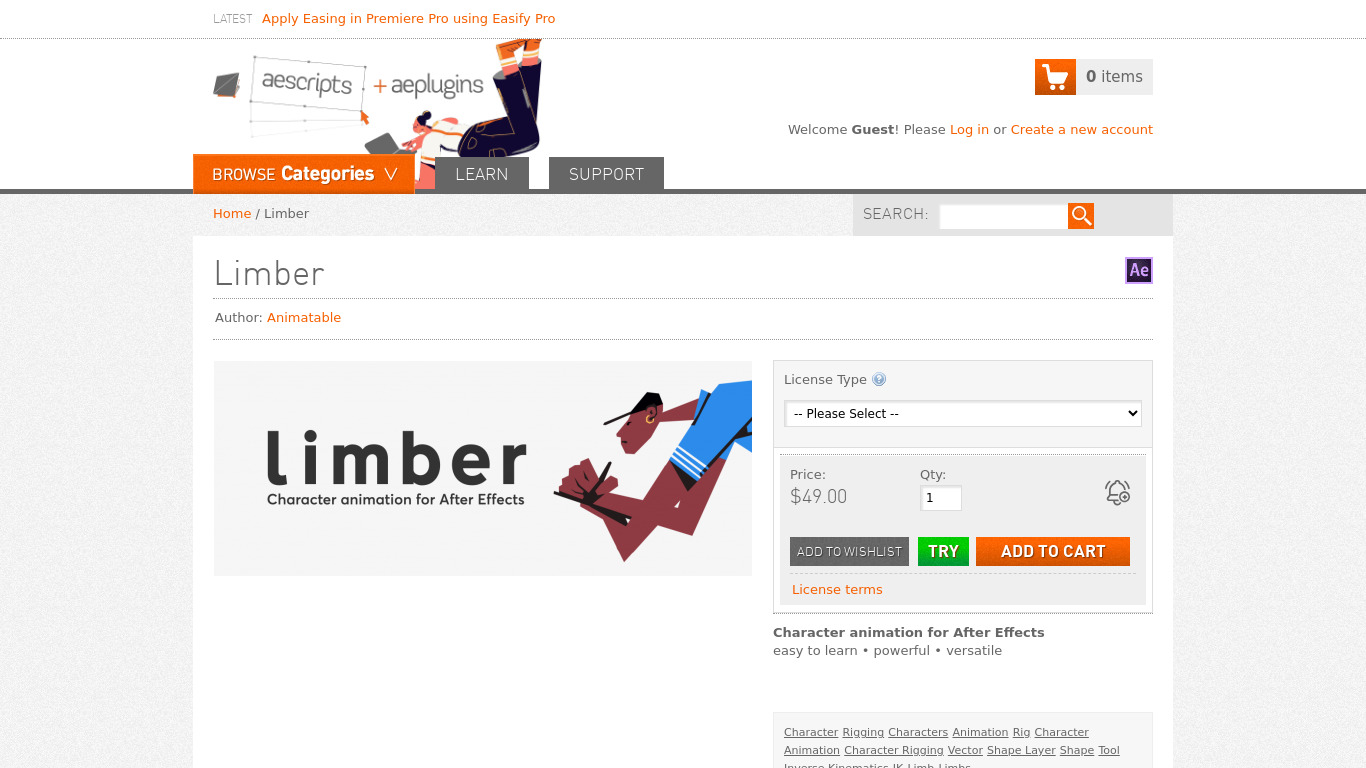 Limber for After Effects Landing page