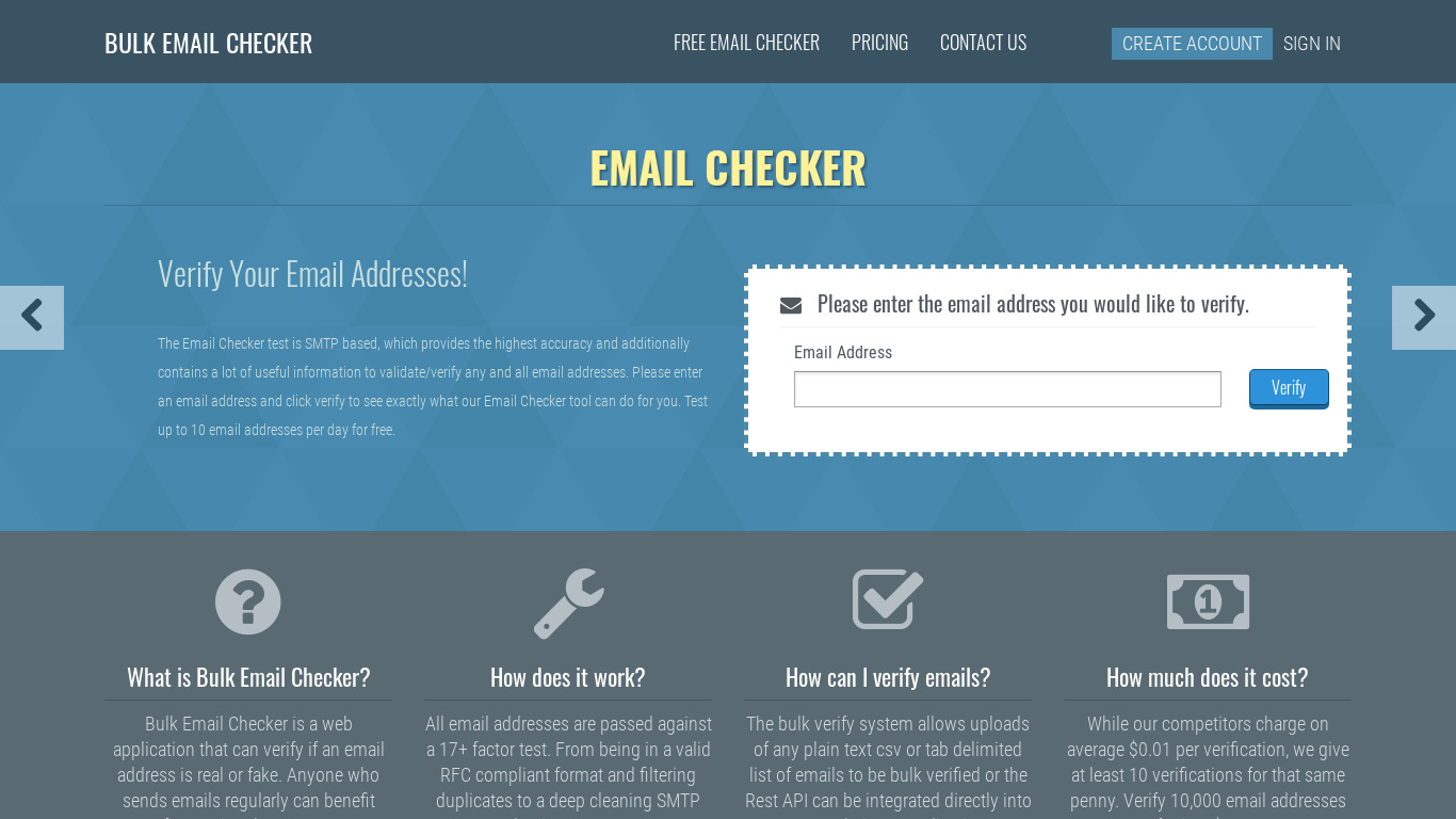 Bulk Email Checker Landing page