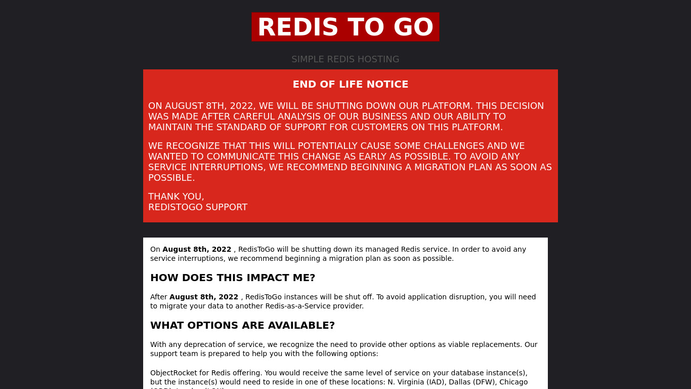 Redis To Go Landing page