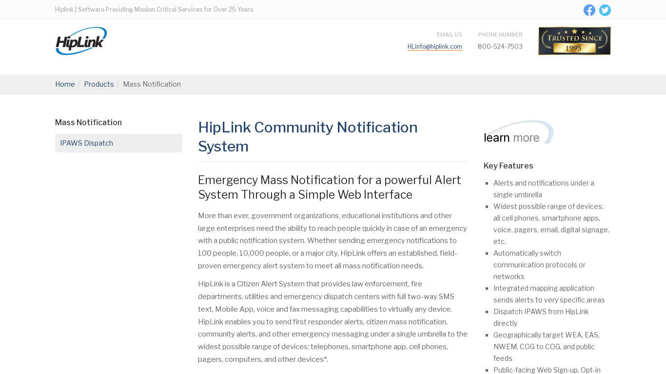 HipLink Mass Notification Landing page
