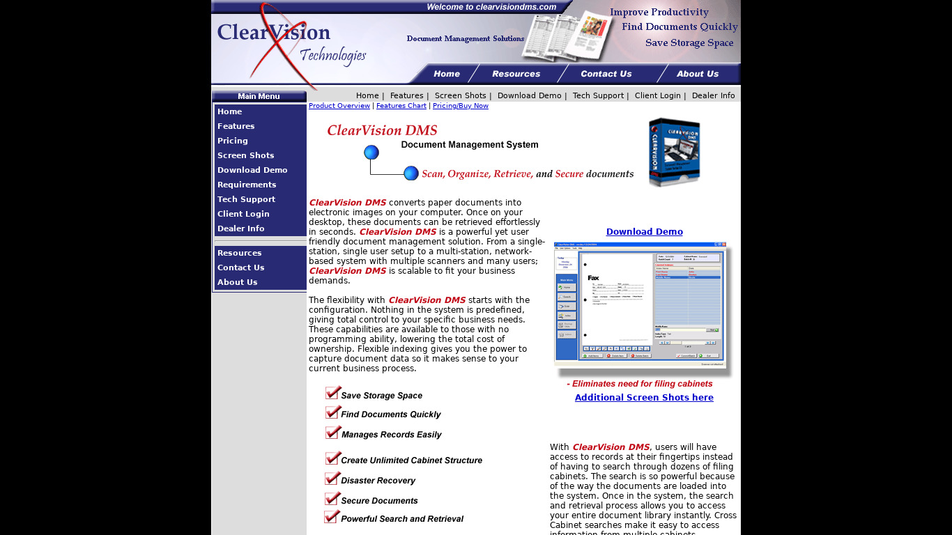 ClearVision DMS Landing page