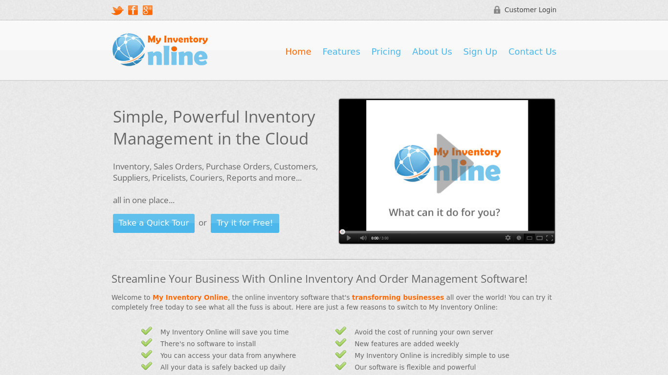 My Inventory Online Landing page