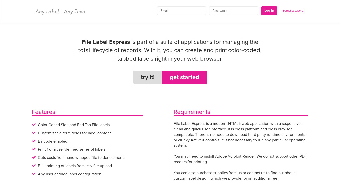 File Label Express Landing page
