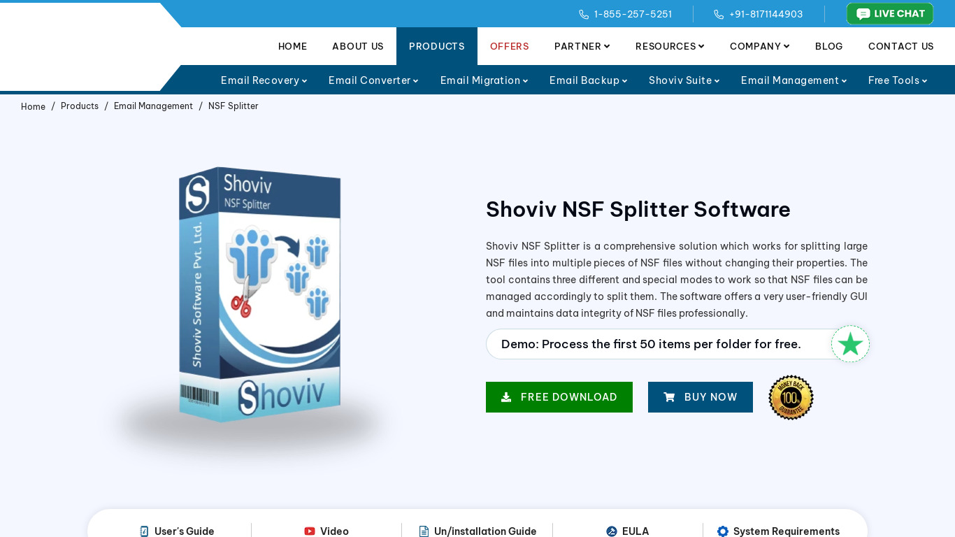 Shoviv NSF Splitter Software Landing page