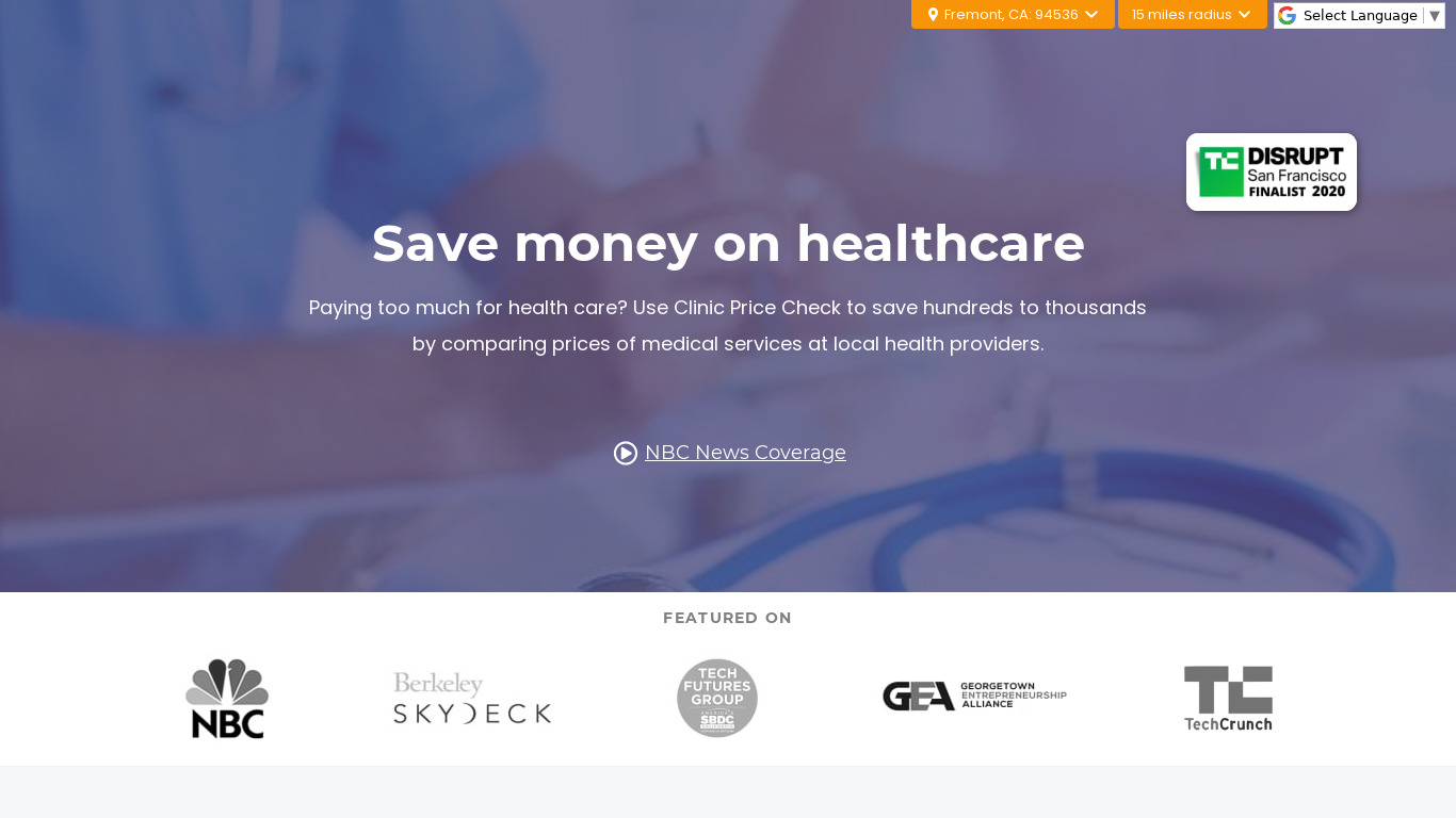 Clinic Price Check Landing page