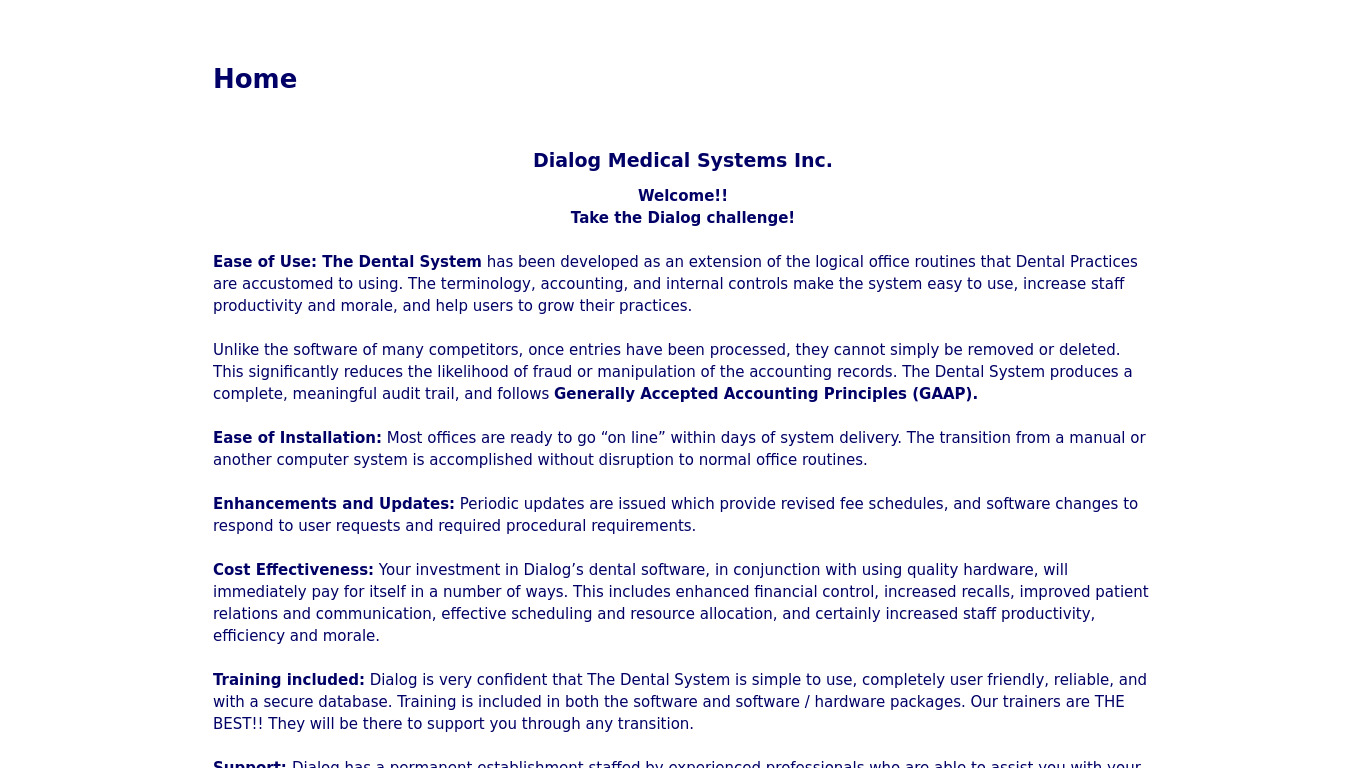 Dialog Dental System Landing page