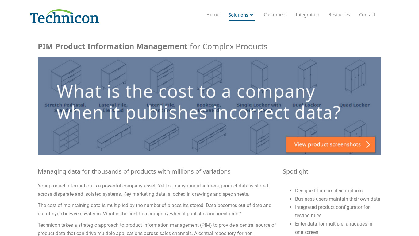 Technicon PIM for Complex Products Landing page