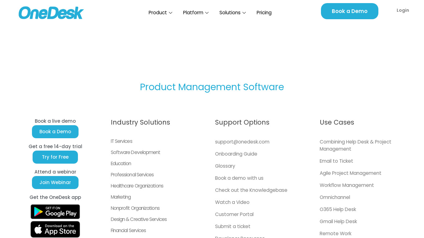 OneDesk for Product Management Landing page