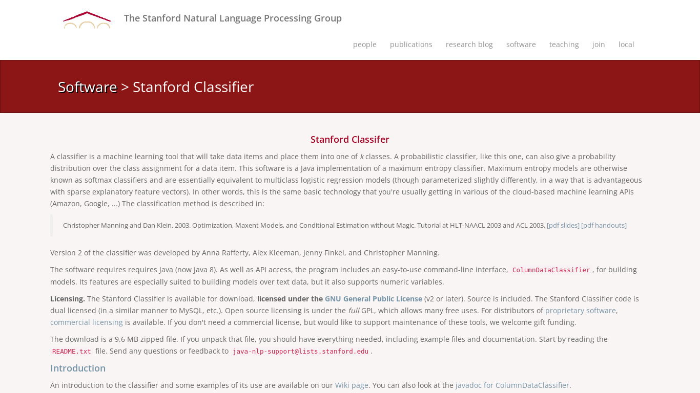 Stanford Classifier Landing page
