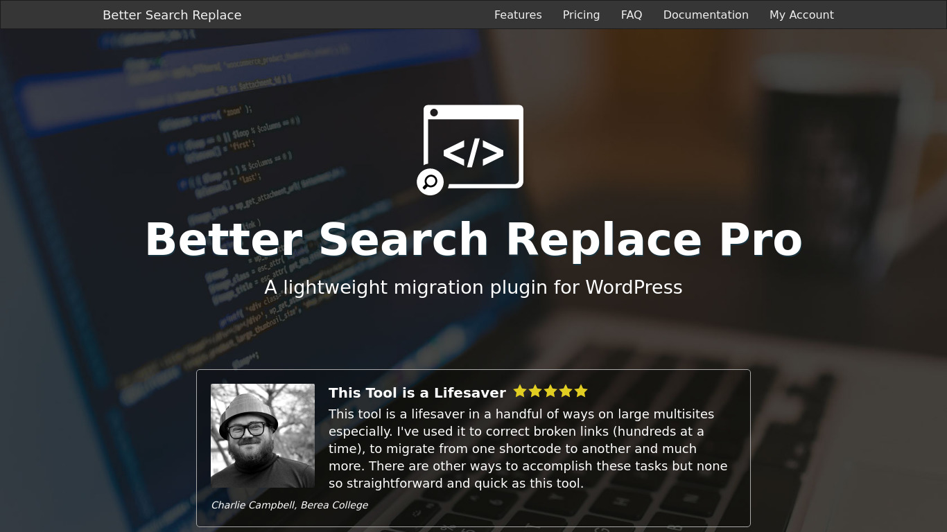 Better Search Replace Pro Landing page