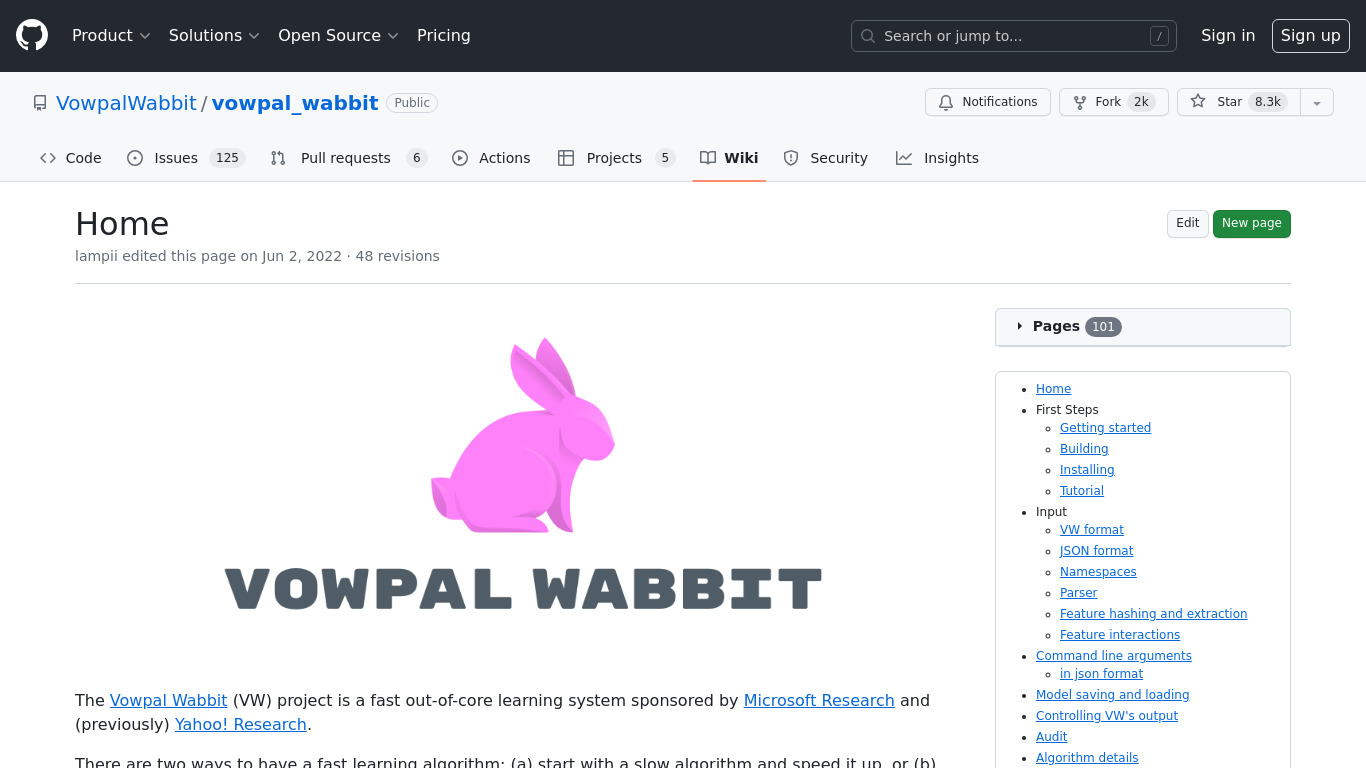 Vowpal Wabbit Landing page