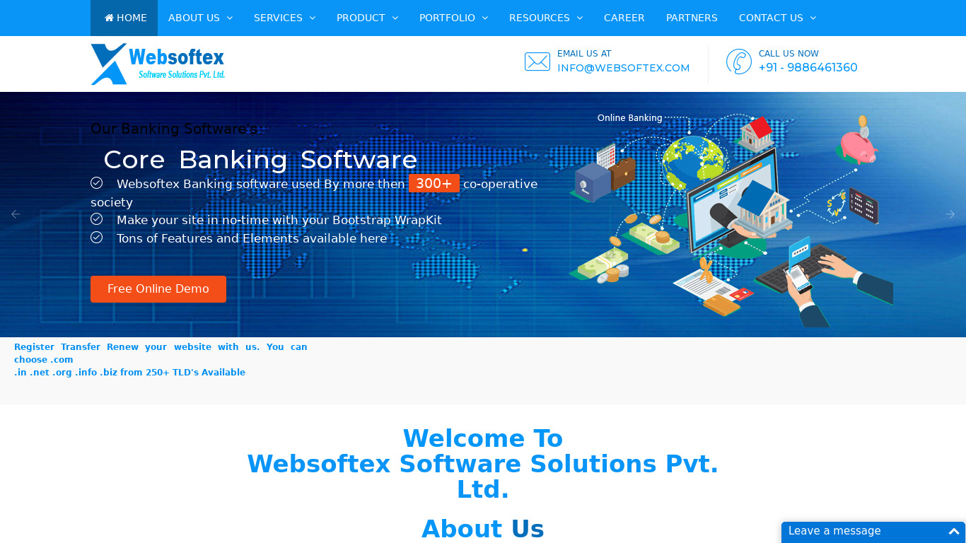 Websoftex Core Banking Landing page