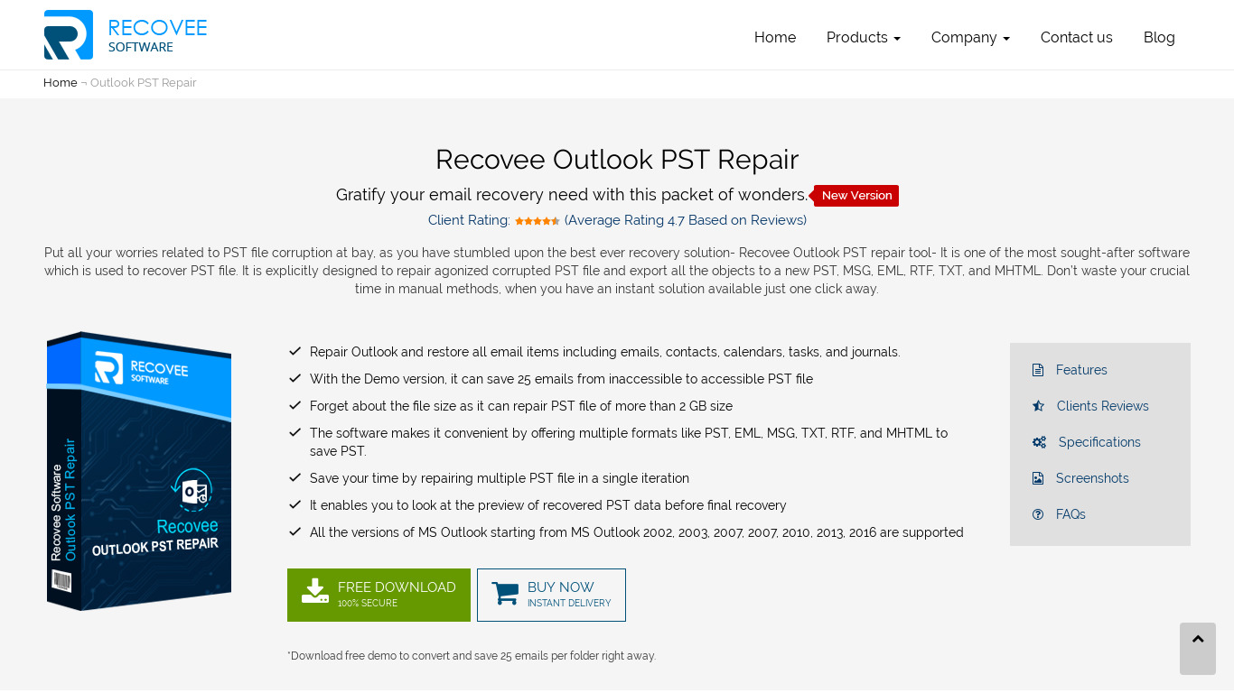 Recovee Outlook PST Repair Landing page