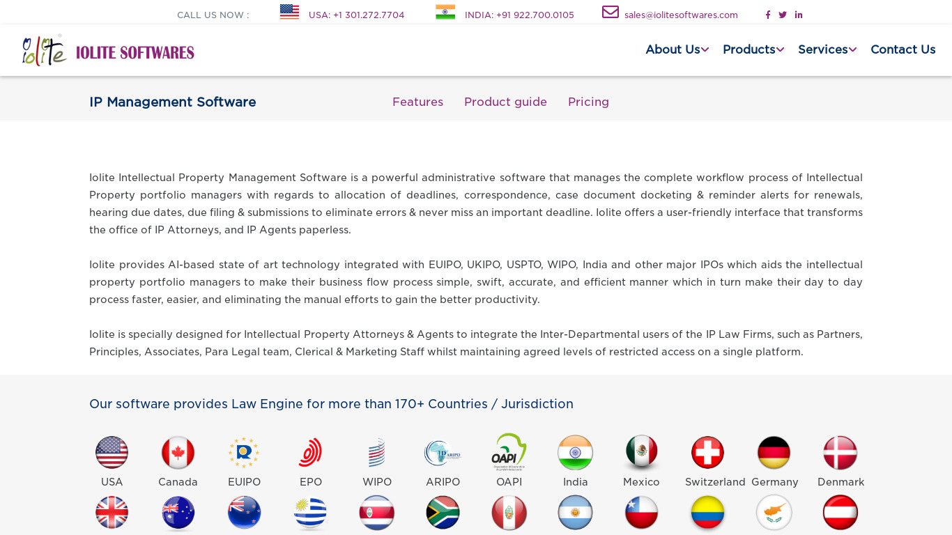 Iolite Intellectual Property Management Software Landing page