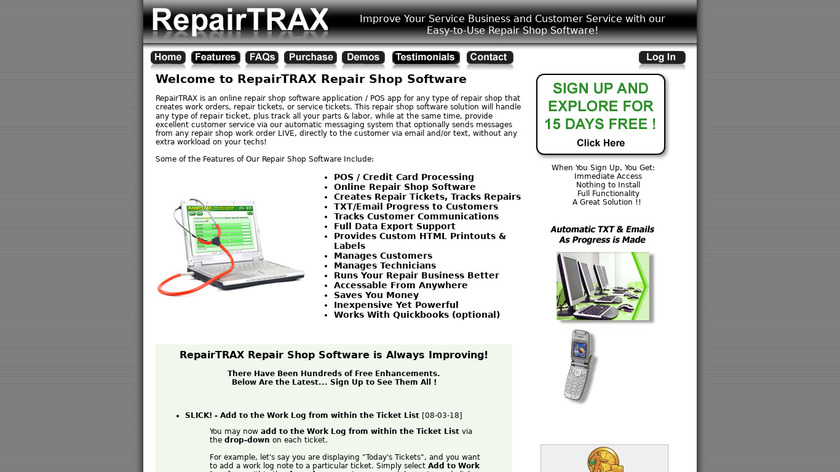 RepairTRAX Repair Shop Software Landing Page